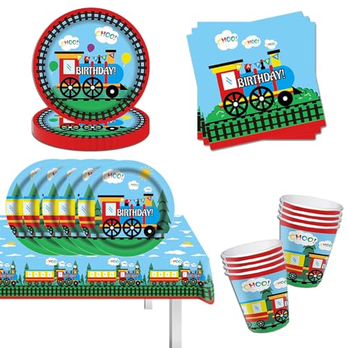 49Pcs Zug Geburtstag Party Supplies,Train Geburtstag Party Geschirr, Zug Partygeschirr Train Set,Teller Train Kindergeburtstag Deko Auto Pappteller Becher Servietten Tischdeko von Generisch