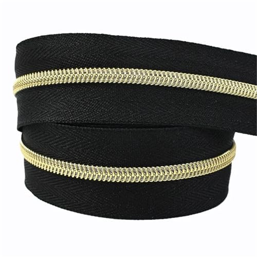 5–30 m durchgehende Spulenreißverschlussrolle, 3# 5# Kunststoffreißverschlüsse für Nähen von Kleidung, Gepäcktaschen, Reparatur, DIY-Modeaccessoires(Black+Light Gold,15METERS_5#) von Generisch