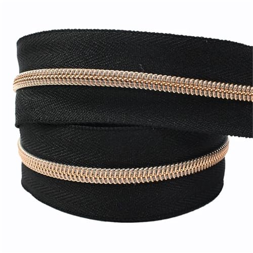 5–30 m durchgehende Spulenreißverschlussrolle, 3# 5# Kunststoffreißverschlüsse für Nähen von Kleidung, Gepäcktaschen, Reparatur, DIY-Modeaccessoires(Black+Rose Gold,20METERS_5#) von Generisch