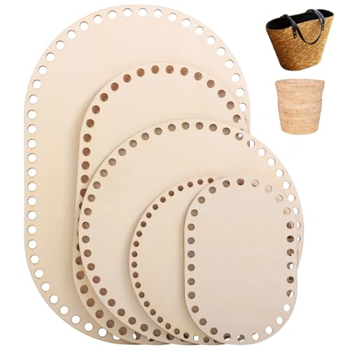 5 Korbböden aus Holz zum Häkeln, oval & rund in 5 verschiedenen Größen, glatt mit vorgebohrten Löchern, 2 mm dicke Holzbretter zum Basteln von Generisch