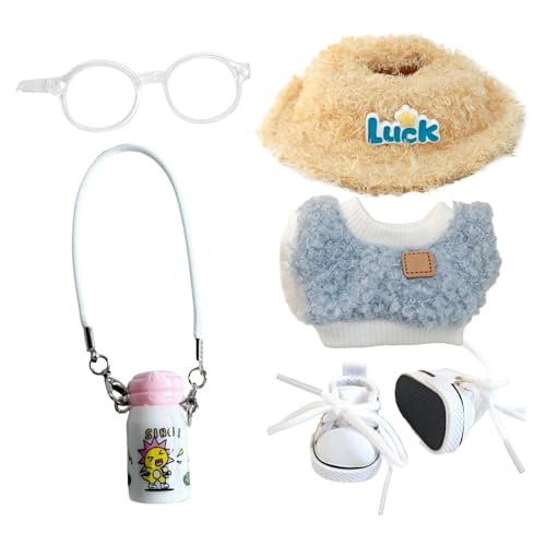 5-Teiliges Puppenkleidung Set für 17cm Puppen Outfit mit Kleidung, Herzförmigem Samthut, Wasserflasche, Brille & Canvas Schuhen Zubehörset für Rollenspiel & Geschenkideen Ohne Puppe von Generisch