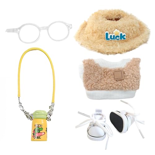 5-Teiliges Puppenkleidung Set für 17cm Puppen Outfit mit Kleidung, Herzförmigem Samthut, Wasserflasche, Brille & Canvas Schuhen Zubehörset für Rollenspiel & Geschenkideen Ohne Puppe von Generisch