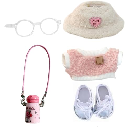 5-Teiliges Puppenkleidung Set für 17cm Puppen Outfit mit Kleidung, Herzförmigem Samthut, Wasserflasche, Brille & Canvas Schuhen Zubehörset für Rollenspiel & Geschenkideen Ohne Puppe von Generisch