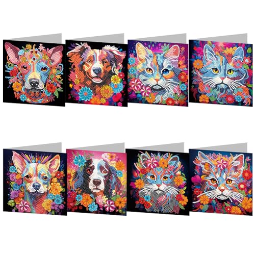 5D DIY Diamond Painting Karten, 6 Stück Strass Handwerk Grußkarte,Diamant Malerei Geschenkkarte Feiertags Dankeschön Handgefertigte Grußkarten für Familie, Liebhaber,Freunde (Katze Hund) von Generisch
