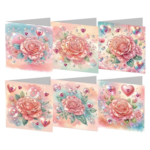 5D DIY Diamond Painting Karten, 6 Stück Strass Handwerk Grußkarte,Diamant Malerei Geschenkkarte Feiertags Dankeschön Handgefertigte Grußkarten für Familie, Liebhaber,Freunde (Rose) von Generisch