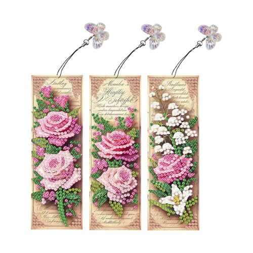 5D Diamond Art Painting Lesezeichen mit Schmetterlings-Anhängern, DIY handgefertigte Diamantkunst, Blume, Vögel, Lesezeichen für Seitenmarkierung, doppelseitiges Muster, 02 rosa Rosen von Generisch
