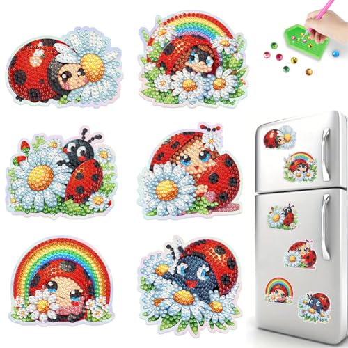 6 Stück Diamond Painting Magnete Kühlschrank,einfache Marienkäfer Diamant Malerei Kühlschrankmagnete,Kunsthandwerk für Anfänger und Erwachsene,für Whiteboard,Pinnwand,Kühlschrank,Magnettafel von Generisch