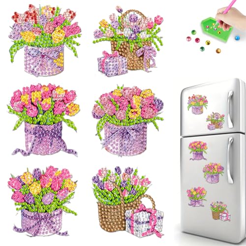 6 Stück Diamond Painting Magnete Kühlschrank,einfache Tulpe Diamant Malerei Kühlschrankmagnete,Kunsthandwerk für Anfänger und Erwachsene,für Whiteboard,Pinnwand,Kühlschrank,Magnettafel-Tulpe von Generisch
