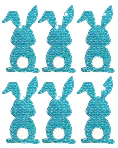 6 x Oster-Aufnäher zum Aufbügeln – funkelnde blaue Häschen und Hasen-Motive für DIY-Kleidung, Taschen und Hüte, besticktes Bastelzubehör von Generisch