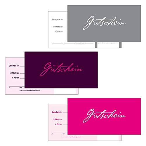 60 Gutscheine Gutscheinkarten Geschenkgutscheine – edel neutral 3 Motive im Mix Aubergine Silber und Pink von Generisch