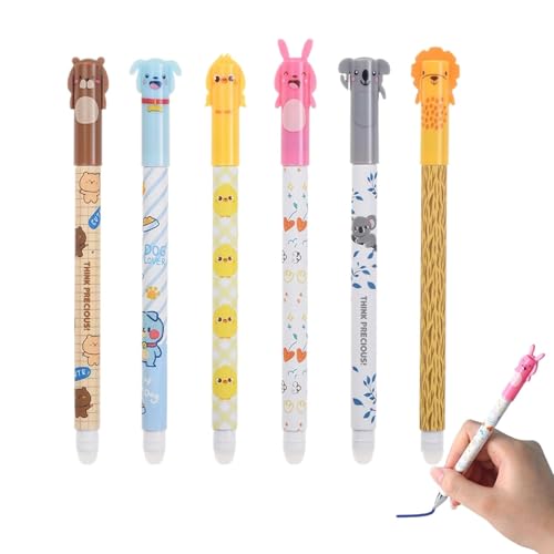 6er Set Radierbare Gelstifte, 0,5 mm Blue Ink Tintenstifte mit integriertem Radiergummi und 6 Tierdesigns, ideal für Zeichnen und Schule von Generisch