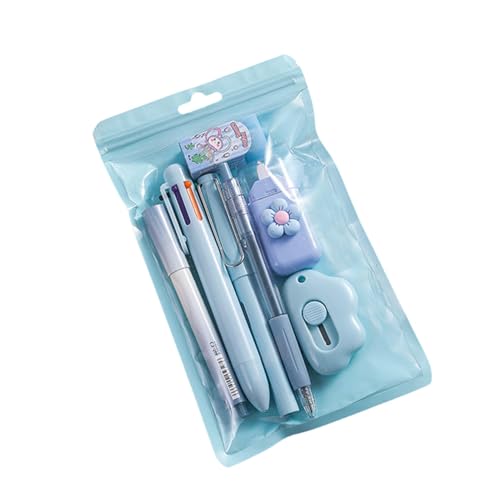 7-teiliges süßes rosa Schreibwaren-Set mit Kugelschreiber, Bleistiftspitzer, Textmarker, Korrekturband, Lineal und Allzweckmesser, ideal für Schule und Büro, Blau von Generisch