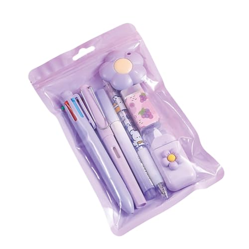 7-teiliges süßes rosa Schreibwaren-Set mit Kugelschreiber, Bleistiftspitzer, Textmarker, Korrekturband, Lineal und Allzweckmesser, ideal für Schule und Büro, Lila von Generisch