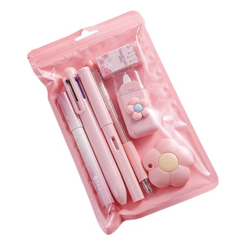 7-teiliges süßes rosa Schreibwaren-Set mit Kugelschreiber, Bleistiftspitzer, Textmarker, Korrekturband, Lineal und Allzweckmesser, ideal für Schule und Büro, Rosa von Generisch