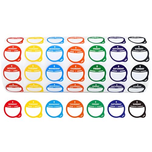 7000 Stück Wochentags-Aufkleber, runde Lebensmitteletiketten mit 7 Farben, ideal zum Beschriften und Organisieren, inklusive Montag-Sonntag-Markern 7000 Stück Wochentags-Aufkleber, runde Lebensmitteletiketten mit 7 Farben, ideal zum Beschriften und Organisieren, inklusive Montag-Sonntag-Markern von Generisch