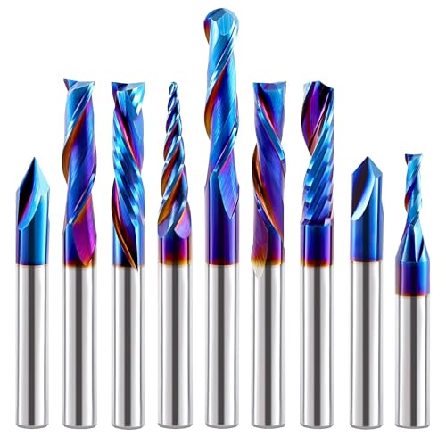 8 Pcs CNC-Fräser-Set, 1/4-Zoll-Schaft, Wolframkarbid, Vielseitig Einsetzbar, Fräser, Schaftfräser für Holzbearbeitung, Detailschnitzen, Trimmen, V-Nut-Gravieren, Schilderherstellung, Nuten (9PCS) von Generisch