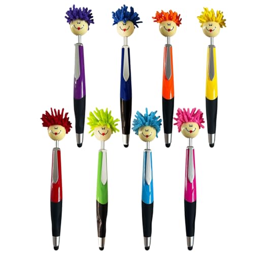8 Stück Moppkopf-Kugelschreiber – Plüsch-Haar-Cartoon-Aufsatz, lustige Klick-Schreibstifte, 8-Farben-Set für Büro, Zuhause, Kinder und Erwachsene von Generisch