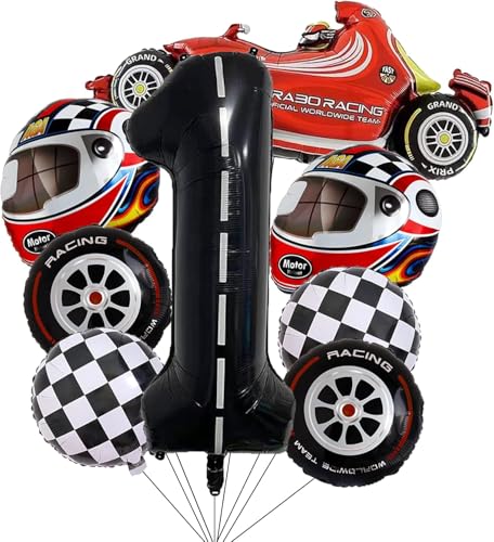 8 Stück Rennwagen Party Ballon Set - Nummer 1, karierte Flagge & Reifen Motto Luftballons für Jungen 1. Geburtstag Dekorationen - Schwarz & Weiß Racing Party Supplies von Generisch