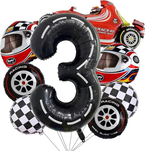 8-teiliges Rennwagen-Party-Ballon-Set, Zahl 3, karierte Flagge und Reifen-Motto-Luftballons für Jungen 1. Geburtstag Dekorationen, Schwarz-Weiß-Renn-Partyzubehör von Generisch