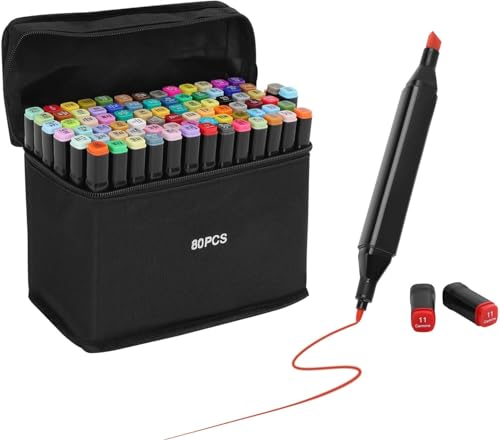 80 Alkoholmarker Set - Graffiti Stifte mit Twin Tip (1mm/6mm) - Permanent Marker für Kunst & Design in 80 Farben - Alkoholbasierte Filzstifte für Malerei & Zeichnung (Schwarz Universell) von Generisch
