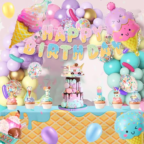 80pcs Eiscreme Geburtstag Party Dekorationen, Pastell Eiscreme Luftballons Girlande Bogen Kit Tischdecke Süßigkeiten Langstreifen Ballon Kuchen Toppers Zwei Süße Geburtstagsfeier Dekorationen von Generisch