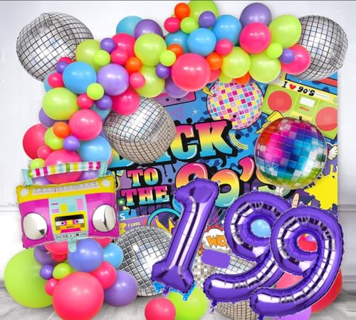 90er Set XXL Deko 90´s love parade Zahl 1-99 Lila 100cm Dekoration discokugel rainbow Folienballons Glitzer Bunt neon Tattoo Luftballons Happy Birthday deco Deko Party feier Geburtstag (Wunschzahl) von Generisch