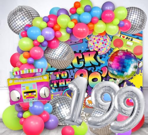 90er Set XXL Deko 90´s love parade Zahl 10 Silber 100cm Dekoration discokugel rainbow Folienballons Glitzer neon Tattoo Luftballons 10 Happy Birthday deco Deko Party feier 10 Geburtstag (Zahl 10) von Generisch