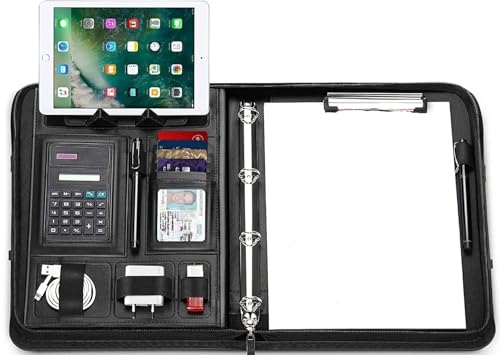 A4 Dokumentenmappe mit Taschenrechner, Ringbuchordner aus Leder, große Fächer, faltbare magnetische Griffe, Tablet-Ständer und Smartphone, 5 Kartenfächer A4 Dokumentenmappe mit Taschenrechner, Ringbuchordner aus Leder, große Fächer, faltbare magnetische Griffe, Tablet-Ständer und Smartphone, 5 Kartenfächer von Generisch