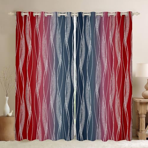 Abstrakte Ombré-Vorhänge für Jungen, 167,6 x 182,9 cm, verdunkelnde Fenstervorhänge in Blau und Rot mit geometrischen Streifen und silbernen Wellenlinien – 2 Paneele für Kinderzimmer von Generisch