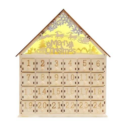 Adventskalender aus Holz, einzigartige Feiertagstraditionen, Countdown-Elchhaus-Adventskalender mit LED-Lichtern, festliche Heimdekorationen, Frohe Weihnachten, Adventsbox für Kinder und Erwachsene von Generisch