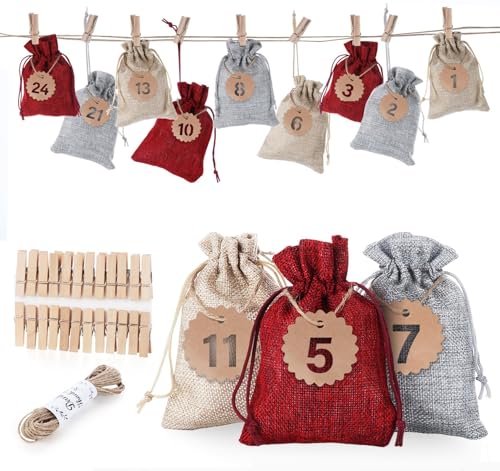 Adventskalender zum Befüllen, 24 Adventskalender Säckchen, mit nummerierte Anhängeetiketten, Clips und Juteseil, Weihnachtskalender zum Befüllen, 10 x 14cm Adventskalender zum Befüllen, 24 Adventskalender Säckchen, mit nummerierte Anhängeetiketten, Clips und Juteseil, Weihnachtskalender zum Befüllen, 10 x 14cm von Generisch