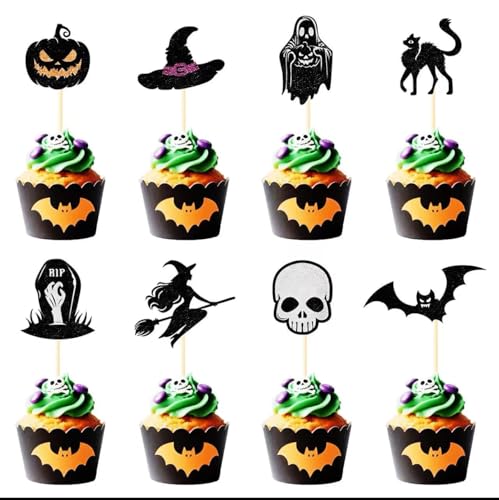 Anemowind 24 Stück Halloween Kuchen Toppers, Glänzende Skelett-Kopf Grabstein Fledermäuse Kleine Bun Kürbis Katze Hexe Hut Schreckliche Kuchen Dekoration Halloween Thema Babyparty Geburtstag Anemowind 24 Stück Halloween Kuchen Toppers, Glänzende Skelett-Kopf Grabstein Fledermäuse Kleine Bun Kürbis Katze Hexe Hut Schreckliche Kuchen Dekoration Halloween Thema Babyparty Geburtstag von Generisch