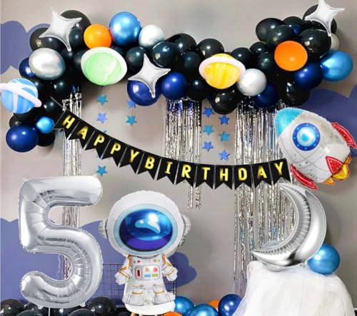 Astronauten Set XXL 49-teilig Astro Rakete Folienballons 5. Geburtstag 100cm Zahl 5 Silber Silver 5. Party Space Weltraum Raumschiff Ballon Deko 5 Jahre Dekoration (Zahl 5) von Generisch