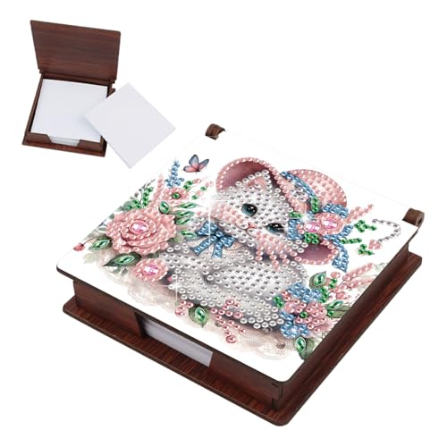 Aufbewahrungsbox für Diamant-Notizen, Diamant-Kunstmalerei, Holz, mit 160 Haftnotizen, wiederverwendbare Notizboxen, für Schreibtisch-Organisation, weiße Katze von Generisch