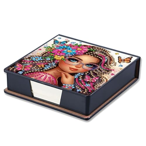 Aufbewahrungsbox für Diamant-Notizen, mit 160 Haftnotizen, Diamant-Kunstmalerei, Leder, Nachrichtenpapier, Aufbewahrungsbox, wiederverwendbare Notizboxen, für den Schreibtisch – Frau mit Brille von Generisch