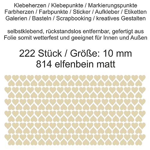 Aufkleber Etiketten Klebeherzen Herzen Herz Klebepunkte aus Folie 222 Stück beige elfenbein matt Größe 10 mm selbstklebend farbig wetterfest Markierungen Organisieren basteln verzieren Scrapbooking von Generisch