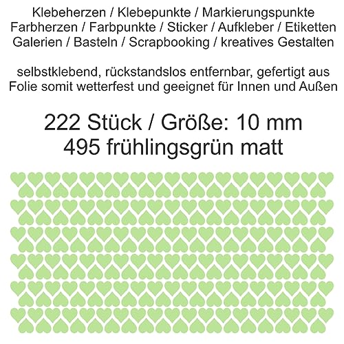 Aufkleber Etiketten Klebeherzen Herzen Herz Klebepunkte aus Folie 222 Stück grün frühlingsgrün matt Größe 10 mm selbstklebend farbig wetterfest Markierungen Organisieren basteln verzieren Scrapbooking von Generisch