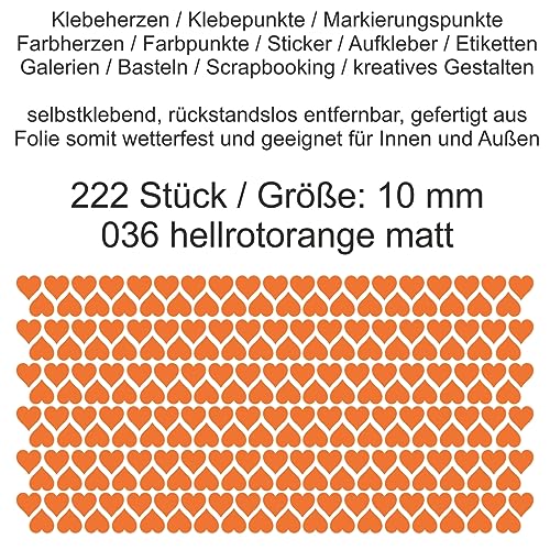 Aufkleber Etiketten Klebeherzen Herzen Herz Klebepunkte aus Folie 222 Stück orange rot hellrotorange matt Größe 10 mm selbstklebend farbig wetterfest Markierungen Organisieren verzieren Scrapbooking von Generisch