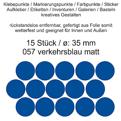 Aufkleber Etiketten Klebepunkte aus Folie 15 Stück blau verkehrsblau matt rund 35 mm selbstklebend farbig wetterfest Decal Markierungen Organisieren DIY basteln verzieren Modellbau Scrapbooking von Generisch