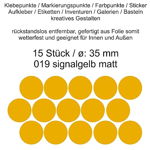 Aufkleber Etiketten Klebepunkte aus Folie 15 Stück gelb signalgelb matt rund 35 mm selbstklebend farbig wetterfest Decal Markierungen Organisieren DIY basteln verzieren Modellbau Scrapbooking von Generisch