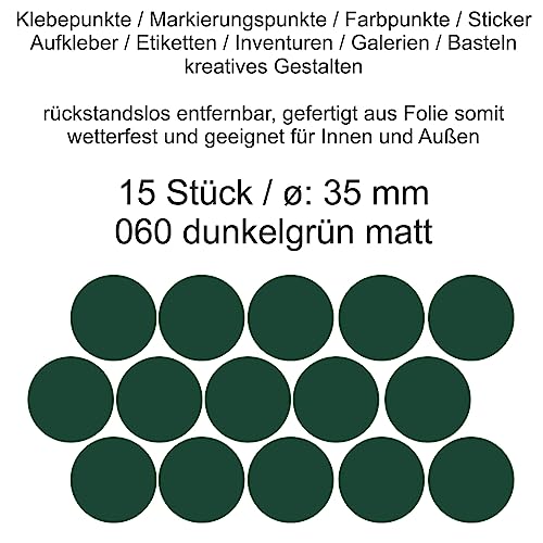 Aufkleber Etiketten Klebepunkte aus Folie 15 Stück grün dunkelgrün matt rund 35 mm selbstklebend farbig wetterfest Decal Markierungen Organisieren DIY basteln verzieren Modellbau Scrapbooking von Generisch
