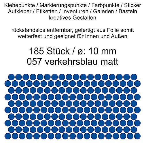 Aufkleber Etiketten Klebepunkte aus Folie 185 Stück blau verkehrsblau matt rund 10 mm selbstklebend farbig wetterfest Decal Markierungen Organisieren DIY basteln verzieren Modellbau Scrapbooking von Generisch