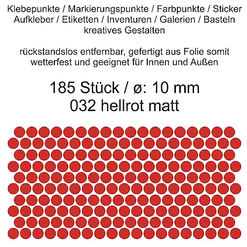Aufkleber Etiketten Klebepunkte aus Folie 185 Stück rot hellrot matt rund 10 mm selbstklebend farbig wetterfest Decal Markierungen Organisieren DIY basteln verzieren Modellbau Scrapbooking von Generisch