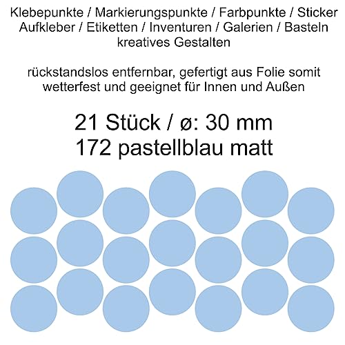 Aufkleber Etiketten Klebepunkte aus Folie 21 Stück blau pastellblau matt rund 30 mm selbstklebend farbig wetterfest Decal Markierungen Organisieren DIY basteln verzieren Modellbau Scrapbooking von Generisch