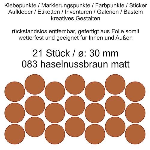 Aufkleber Etiketten Klebepunkte aus Folie 21 Stück braun haselnussbraun matt rund 30 mm selbstklebend farbig wetterfest Decal Markierungen Organisieren DIY basteln verzieren Modellbau Scrapbooking von Generisch