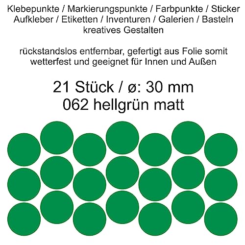 Aufkleber Etiketten Klebepunkte aus Folie 21 Stück grün hellgrün matt rund 30 mm selbstklebend farbig wetterfest Decal Markierungen Organisieren DIY basteln verzieren Modellbau Scrapbooking von Generisch