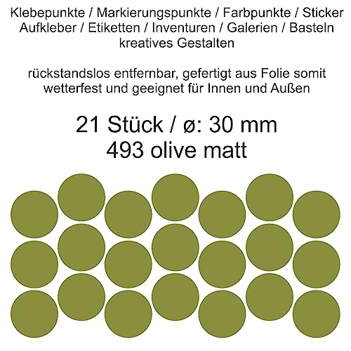 Aufkleber Etiketten Klebepunkte aus Folie 21 Stück grün olive matt rund 30 mm selbstklebend farbig wetterfest Decal Markierungen Organisieren DIY basteln verzieren Modellbau Scrapbooking von Generisch
