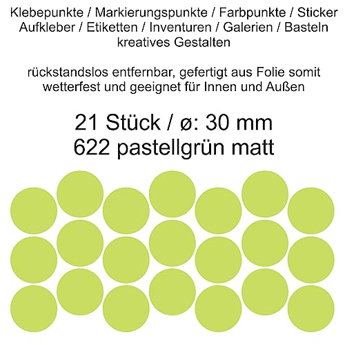 Aufkleber Etiketten Klebepunkte aus Folie 21 Stück grün pastellgrün matt rund 30 mm selbstklebend farbig wetterfest Decal Markierungen Organisieren DIY basteln verzieren Modellbau Scrapbooking von Generisch