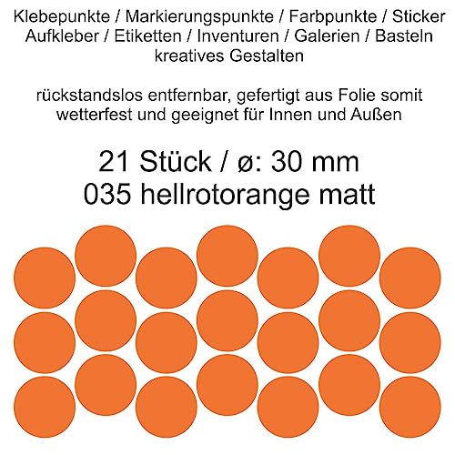 Aufkleber Etiketten Klebepunkte aus Folie 21 Stück orange pastellorange matt rund 30 mm selbstklebend farbig wetterfest Decal Markierungen Organisieren DIY basteln verzieren Modellbau Scrapbooking von Generisch