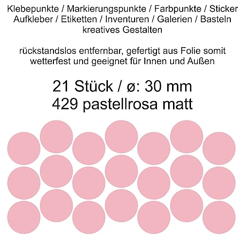 Aufkleber Etiketten Klebepunkte aus Folie 21 Stück rosa pastellrosa matt rund 30 mm selbstklebend farbig wetterfest Decal Markierungen Organisieren DIY basteln verzieren Modellbau Scrapbooking von Generisch